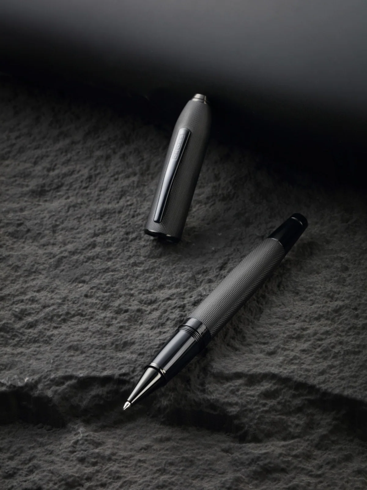 Peerless™ Polished Black PVD Engraved Diamond Pattern with Black PVD Appointments and Swarovski Crystal Rollerball Pen - Image 6
