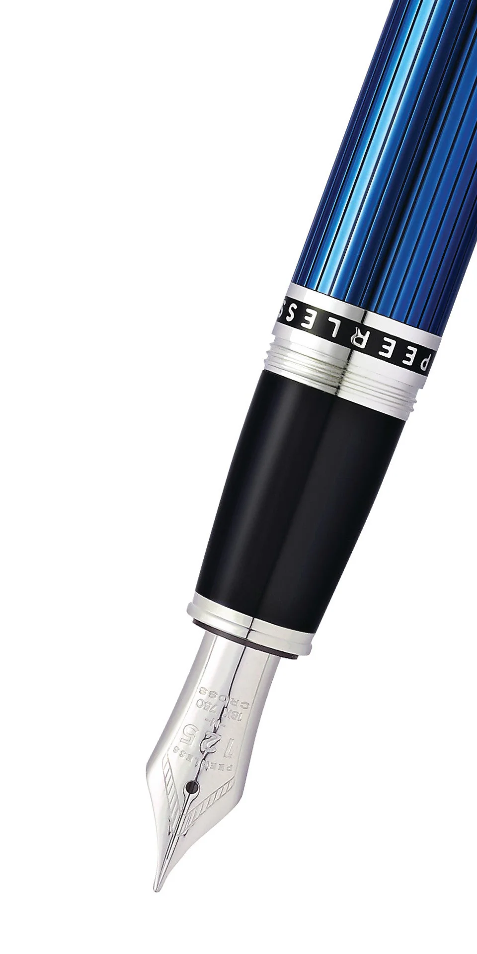 Peerless™ Translucent Quartz Blue Engraved Lacquer with Platinum Plated Appointments and Rhodium Plated 18KT Solid Gold Fine Nib Fountain Pen - Image 2