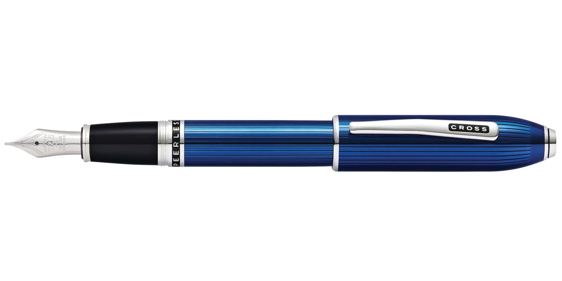 Peerless™ Translucent Quartz Blue Engraved Lacquer with Platinum Plated Appointments and Rhodium Plated 18KT Solid Gold Fine Nib Fountain Pen - Image 3