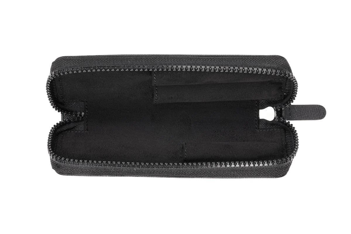 Classic Black Leather Zippered Double Pen Case - Image 2
